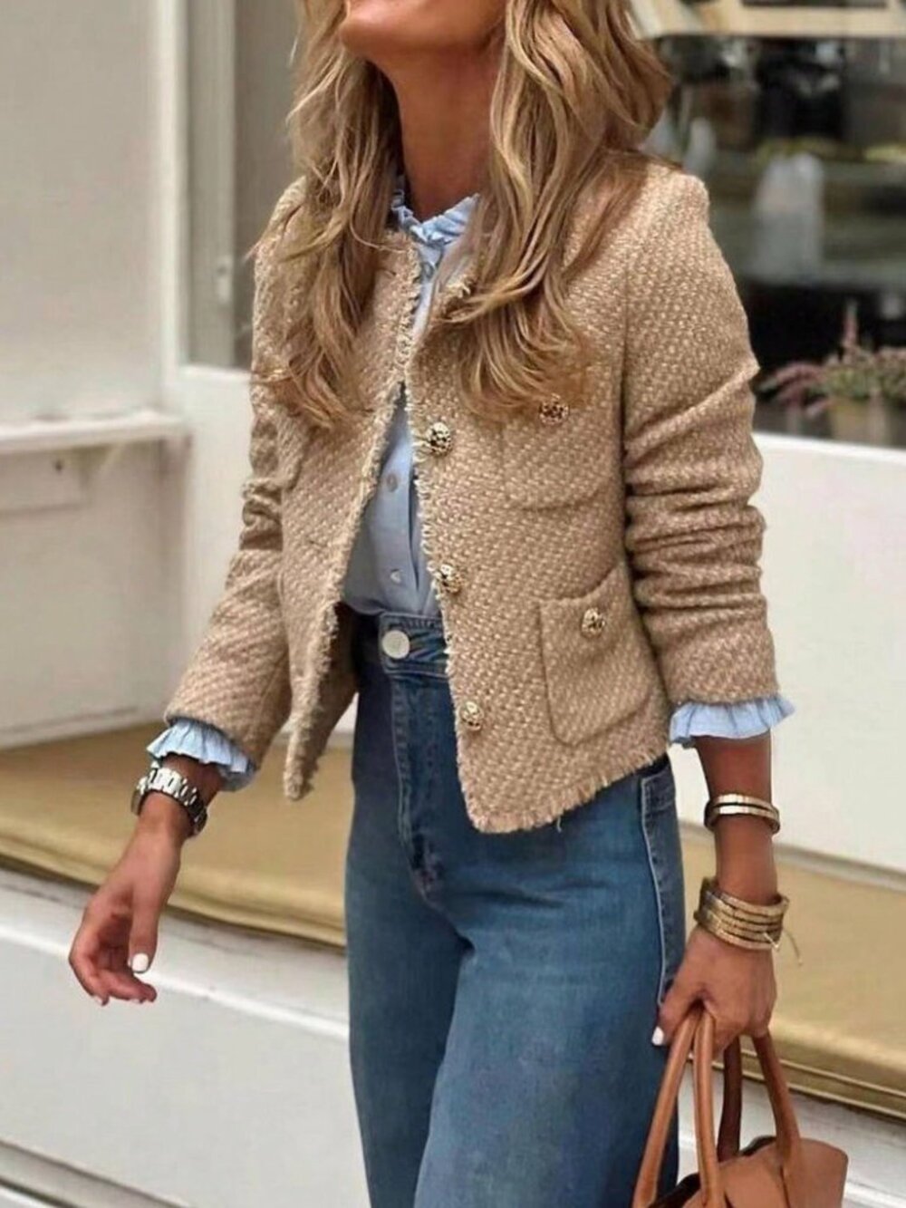 Khaki Elegant Casual Women's Loose metallic shimmer Tweed Jacket - Picture 2 of 6